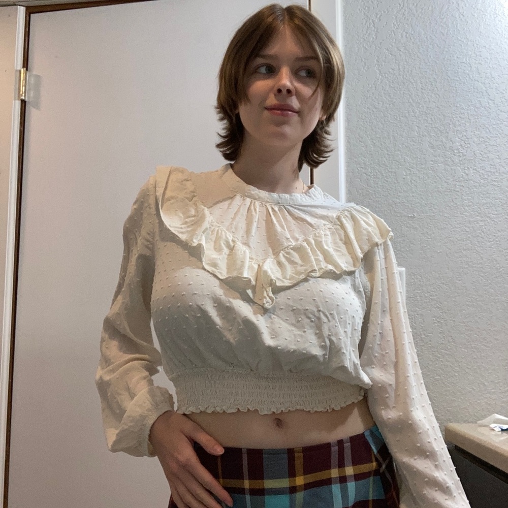 Wild Fable Large Cottage-core White Puffy Dotted Textured Cropped Blouse